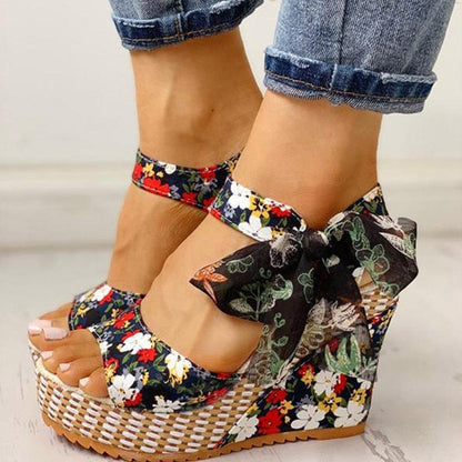 Cap Point Carole Dot Bowknot Design Platform Wedge Ankle Strap Open Toe Sandals