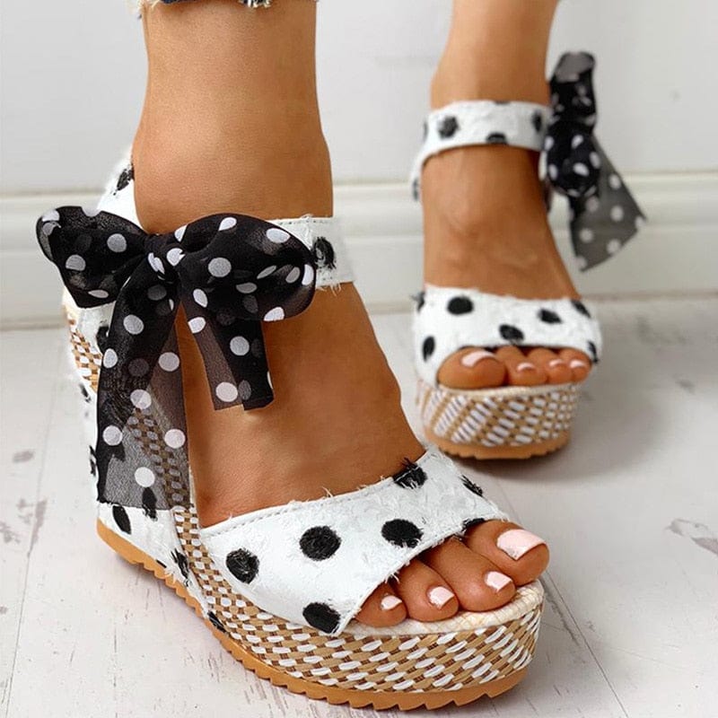 Cap Point Carole Dot Bowknot Design Platform Wedge Ankle Strap Open Toe Sandals