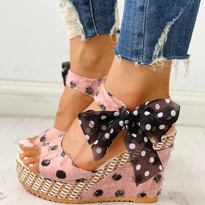 Cap Point Carole Dot Bowknot Design Platform Wedge Ankle Strap Open Toe Sandals