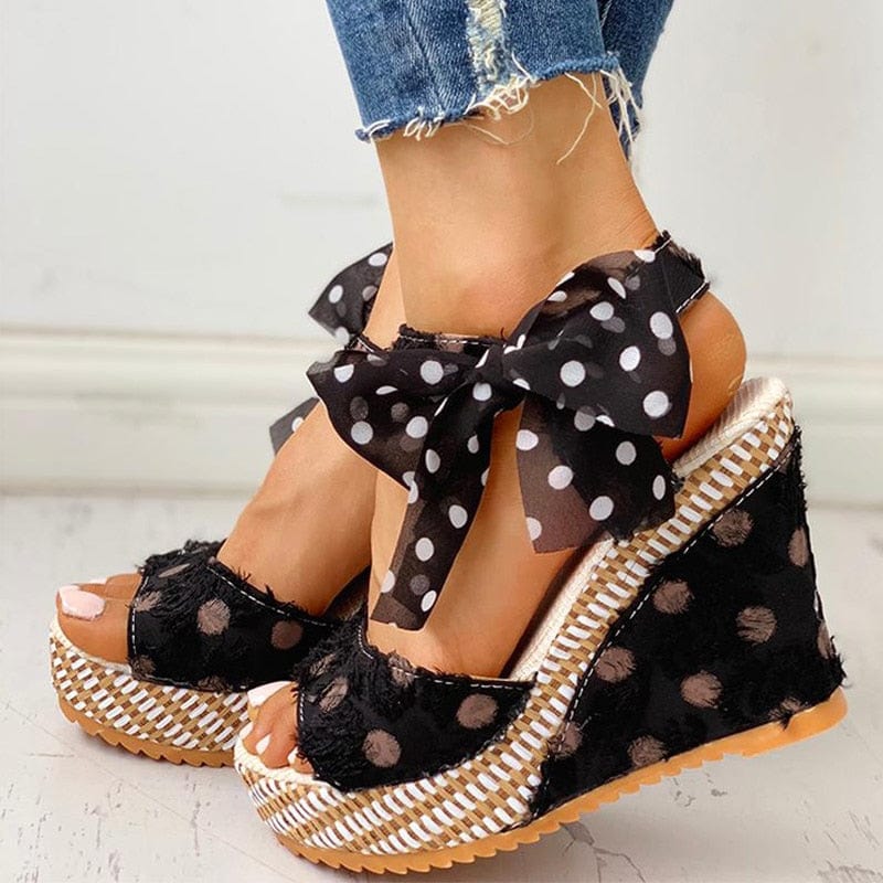 Cap Point Carole Dot Bowknot Design Platform Wedge Ankle Strap Open Toe Sandals