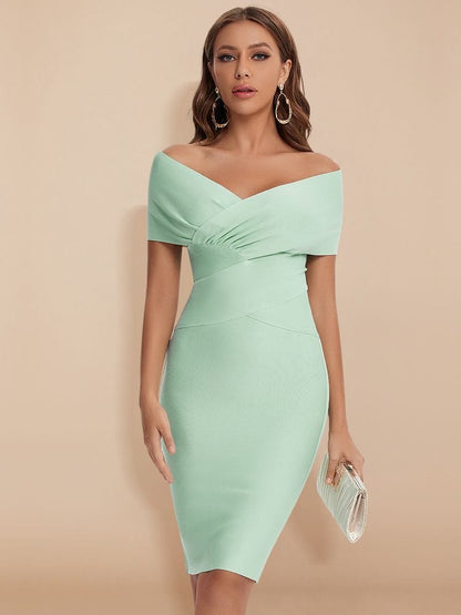 Cap Point Celia Off Shoulder V Neck Sheath Knee Length Bandage Club Party Dress