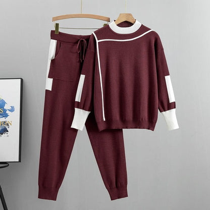 Cap Point Claret / S Phinea 2 Piece Knitted Long Sleeve Pullover Sweater Jumper Top and Pants Set