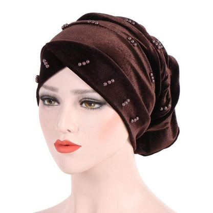 Cap Point Dark coffee New Solid Pearl Beaded Turban Head Scarf