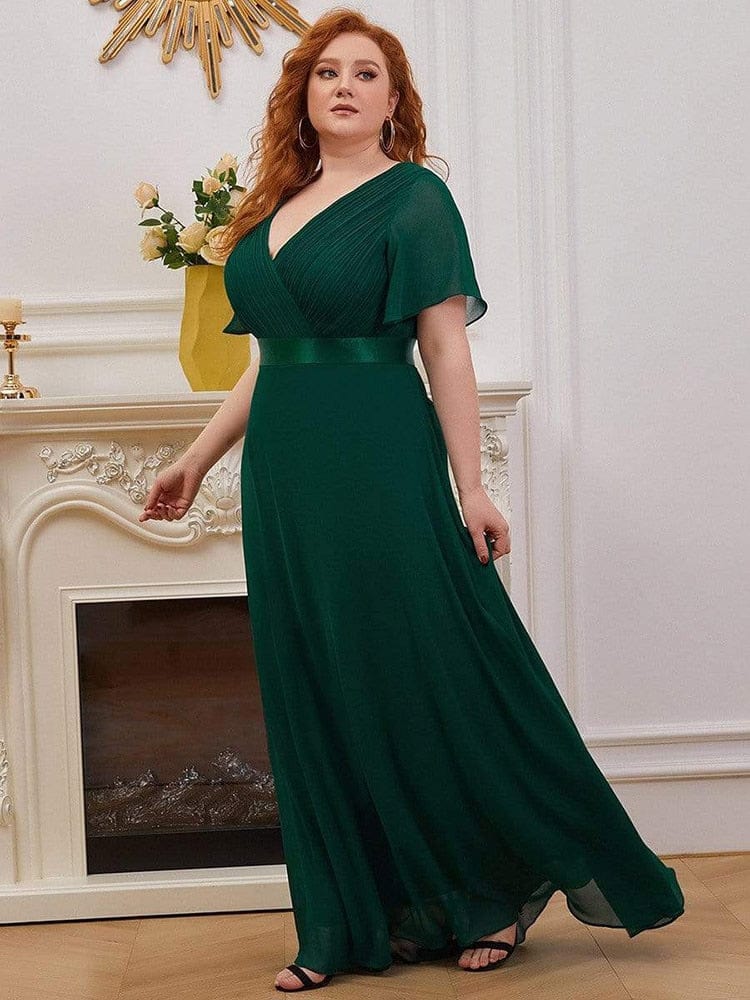 Cap Point Dark Green / 4 Mileine Elegant Long Evening A Line V Neck Ruffles Chiffon Formal Wedding Party Dress