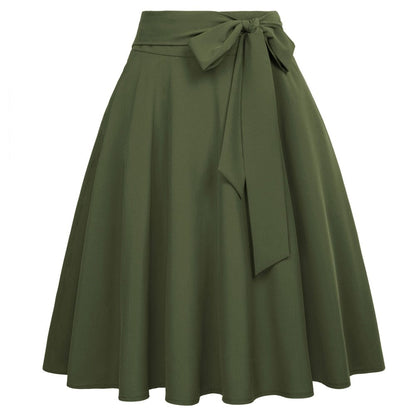 Cap Point Dark Olive Green / S Perline Belle Poque High Waist Self-Tie Bow-Knot Embellished  A-Line Skirt