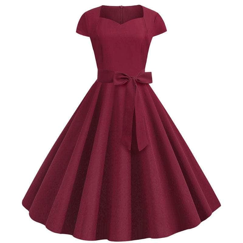 Cap Point Dark red / S Urielle Short Sleeve Square Collar Elegant Office Party Midi Dress with Belt