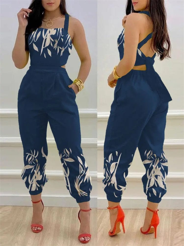 Cap Point Deep Blue / S Mileine Elegant Butterfly Print Crisscross Lace Up Details Backless Jumpsuit