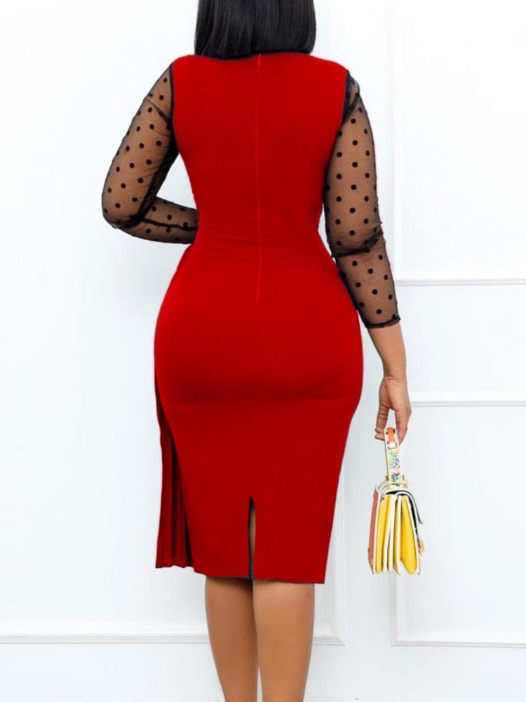 Cap Point Donda Polka Dot Patchwork Mesh Sleeve Bodycon Pleated Sheath Dress