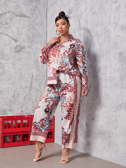 Cap Point Doris Trendy Casual Leaf Floral Print Blouse and Wide Leg Pants Set