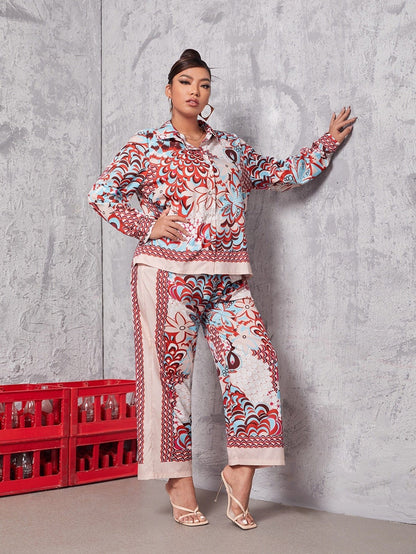 Cap Point Doris Trendy Casual Leaf Floral Print Blouse and Wide Leg Pants Set