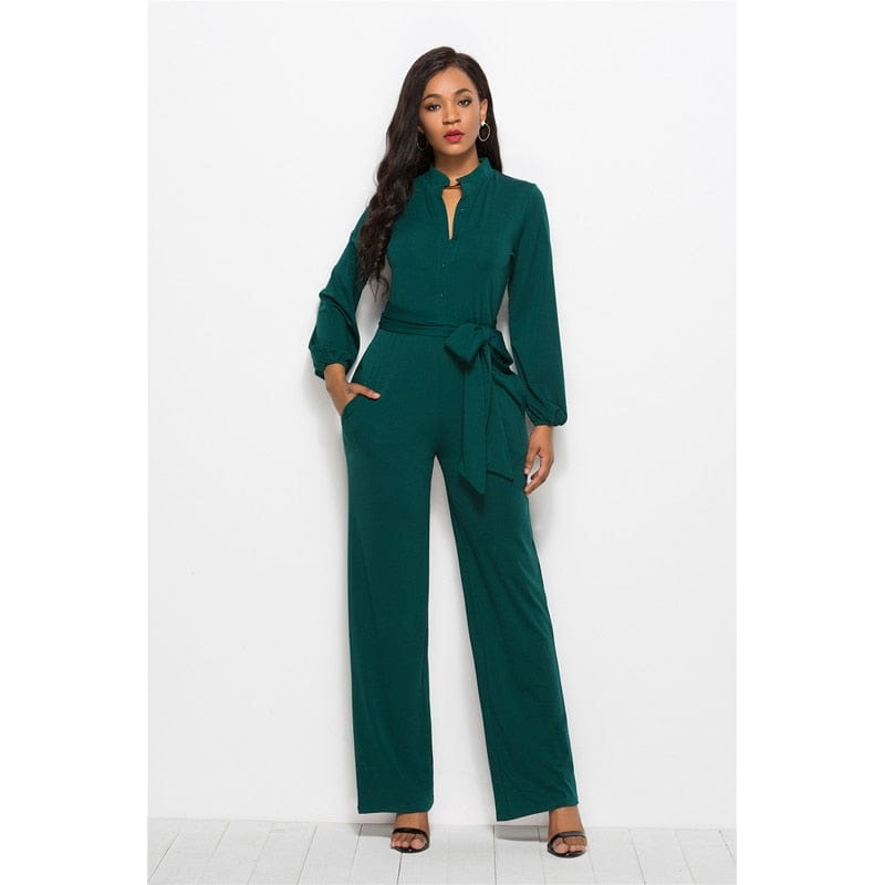 Cap Point Elegant Long Sleeve Waist Belt Wide-leg Jumpsuit With Pocket