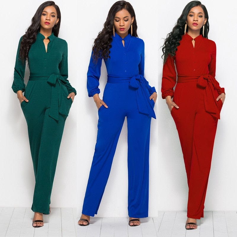 Cap Point Elegant Long Sleeve Waist Belt Wide-leg Jumpsuit With Pocket