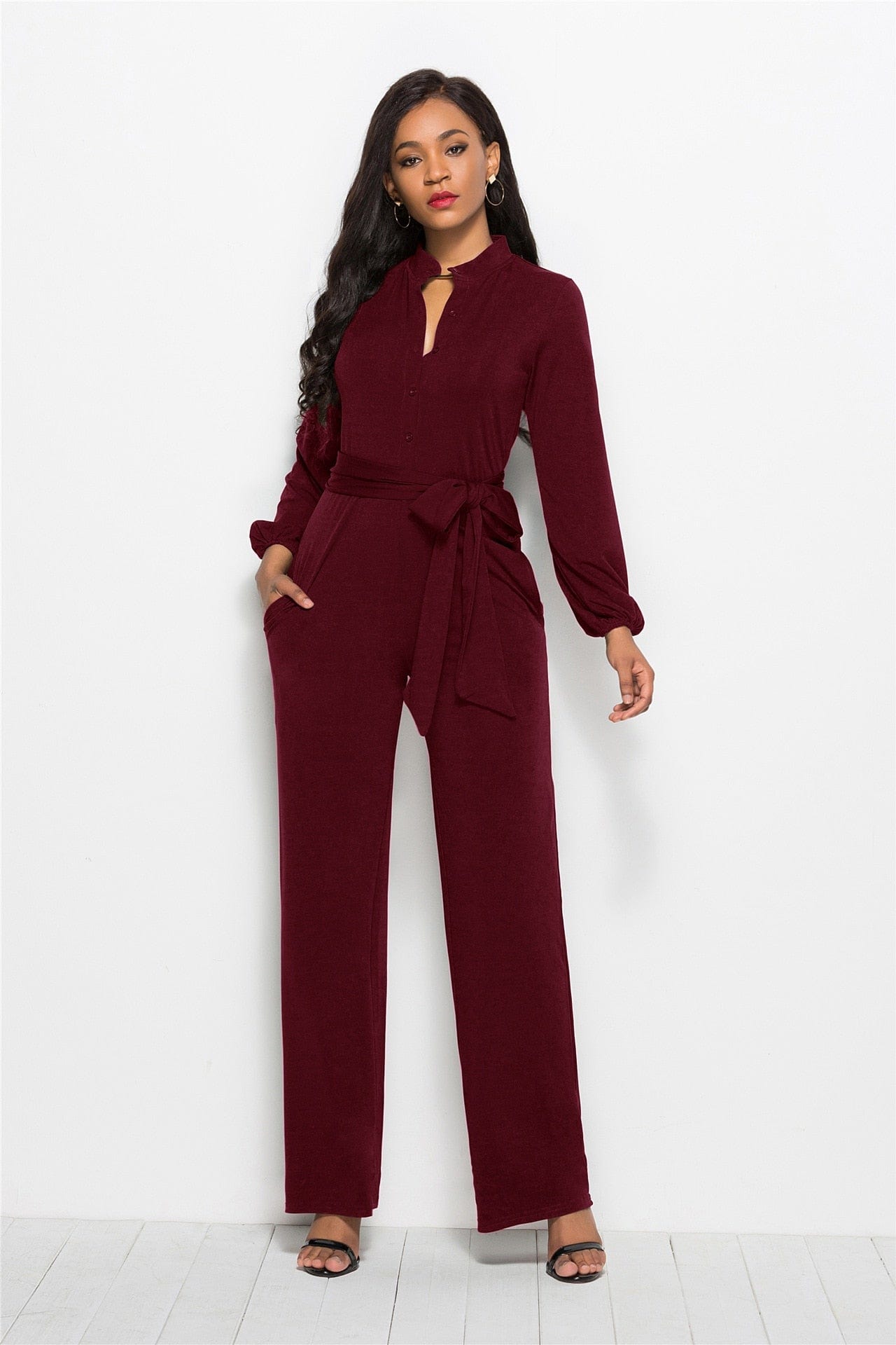 Cap Point Elegant Long Sleeve Waist Belt Wide-leg Jumpsuit With Pocket