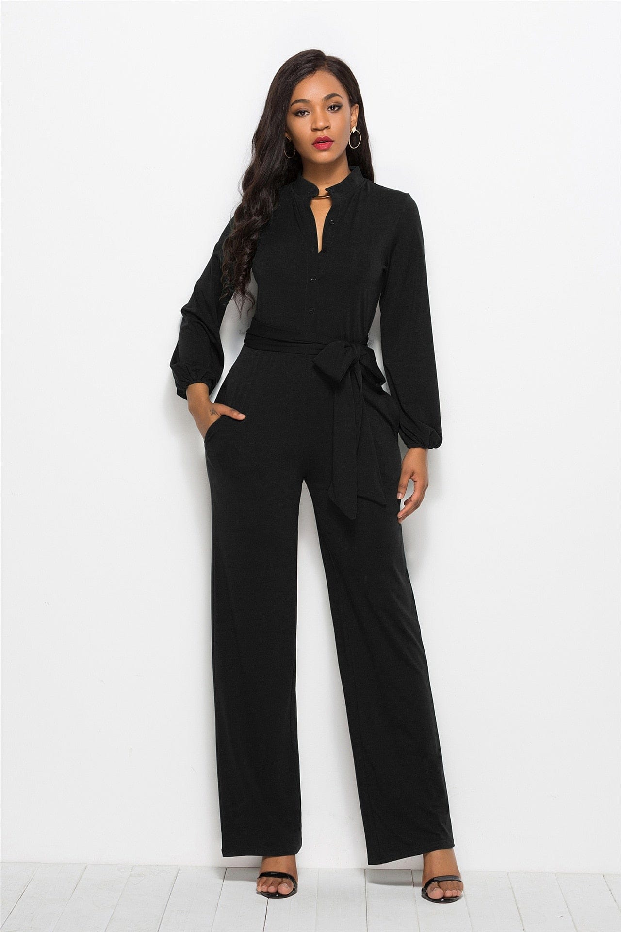 Cap Point Elegant Long Sleeve Waist Belt Wide-leg Jumpsuit With Pocket