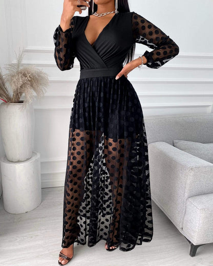 Cap Point Elegant Polkadot Print Wrap Long Sleeve Maxi Dress