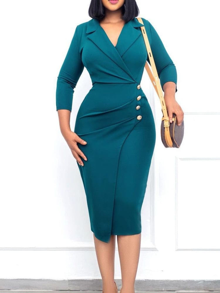 Cap Point Elegant Three Quarter Sleeve Button Up Bodycon Dress