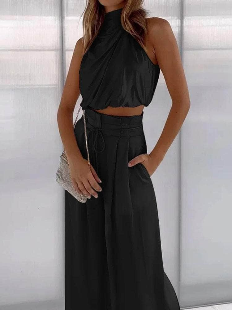 Cap Point Eliza Two Piece Silk Pleated Texture Sleeveless Top Wide Leg Pants Set