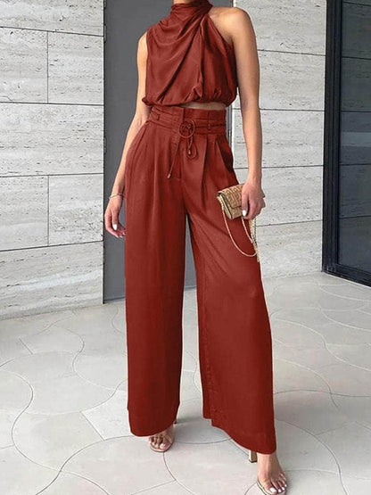 Cap Point Eliza Two Piece Silk Pleated Texture Sleeveless Top Wide Leg Pants Set