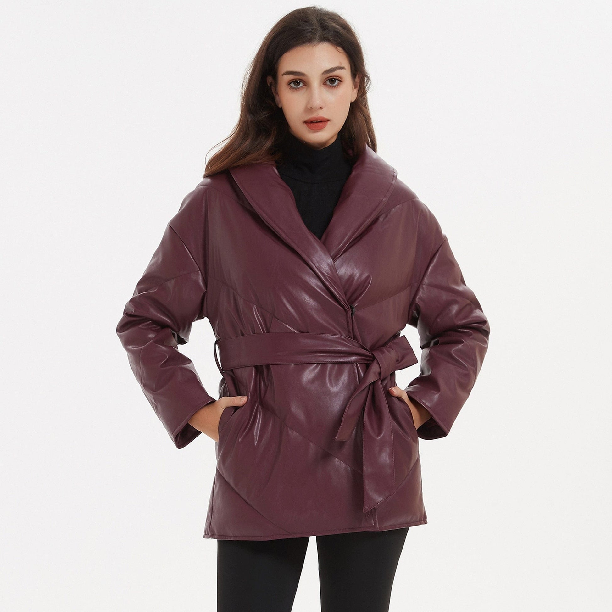 Cap Point Emery Autumn Winter Elegant Tie Belt Parkas Loose PU Leather Coat