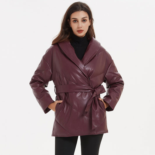 Cap Point Emery Autumn Winter Elegant Tie Belt Parkas Loose PU Leather Coat