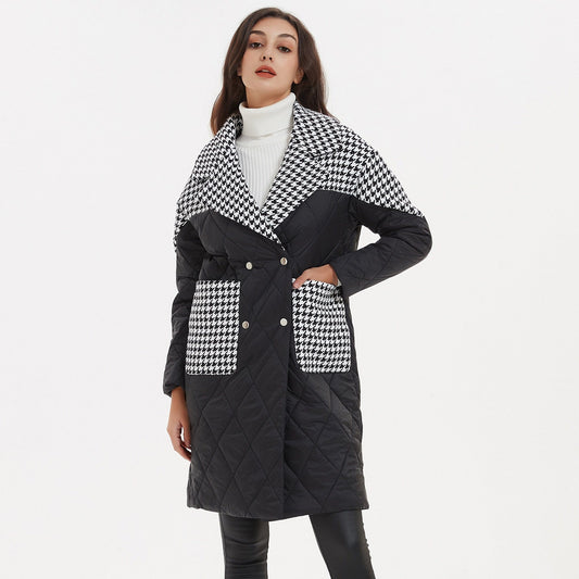 Cap Point Emery Elegant Loose Turn Down Collar Parkas Patchwork Houndstooth Coat