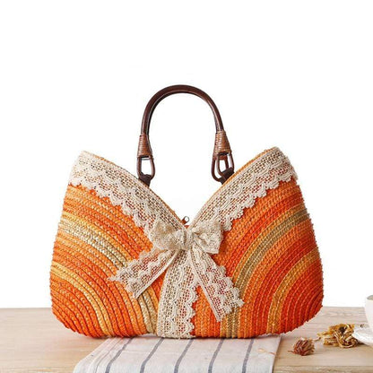 Cap Point Fashion Lace Bow Straw Weave Rattan Handbag