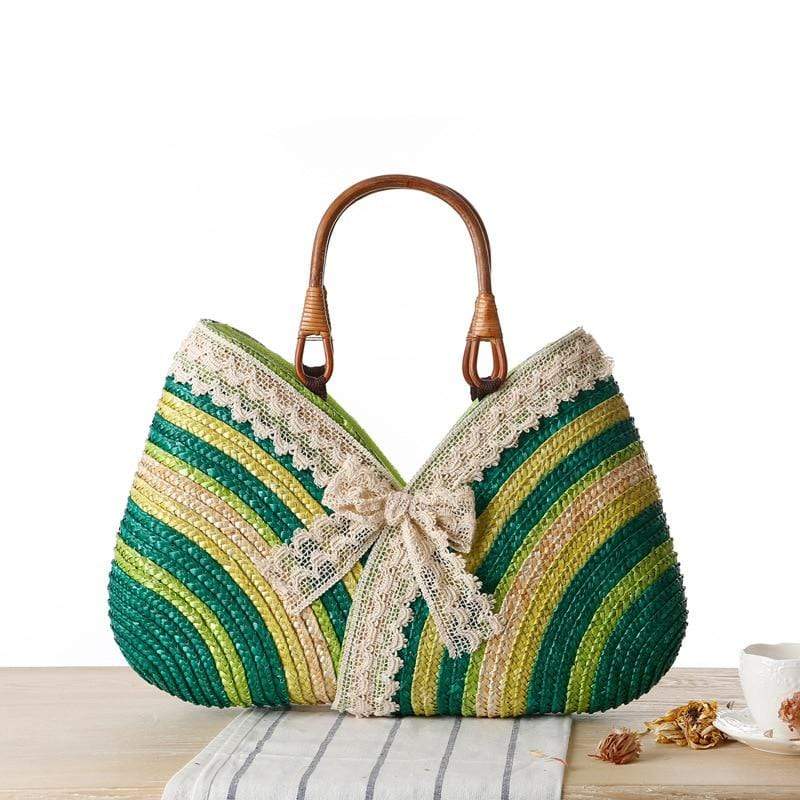 Cap Point Fashion Lace Bow Straw Weave Rattan Handbag