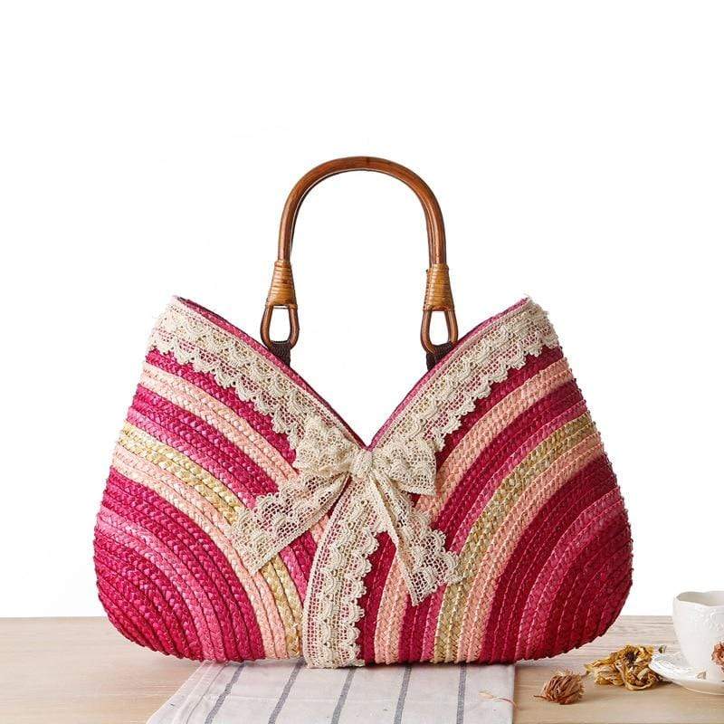 Cap Point Fashion Lace Bow Straw Weave Rattan Handbag