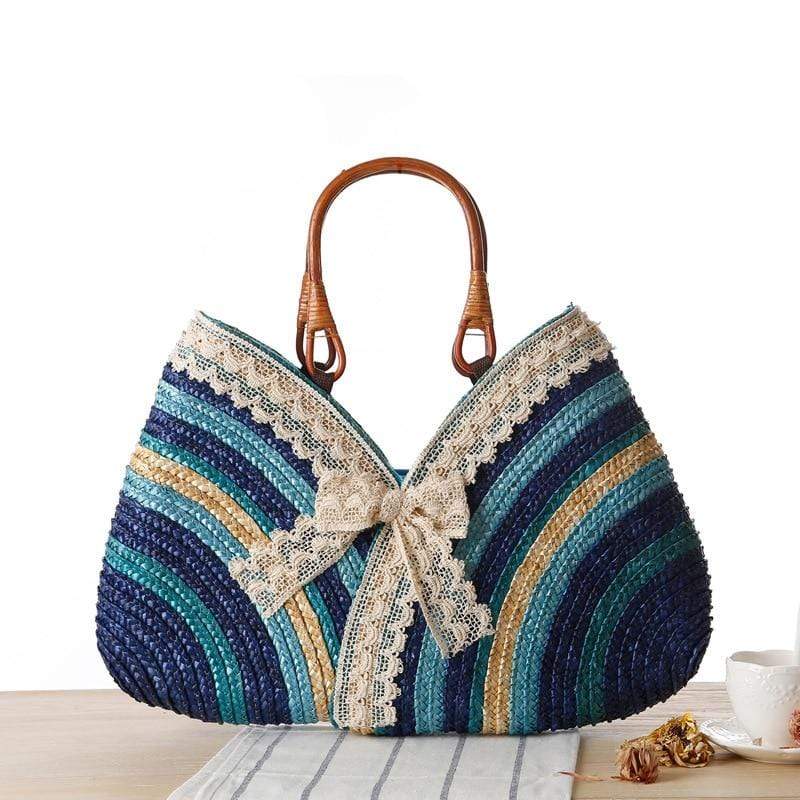 Cap Point Fashion Lace Bow Straw Weave Rattan Handbag