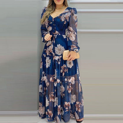 Cap Point Floral Print sexy V-Neck Chiffon Maxi Dress