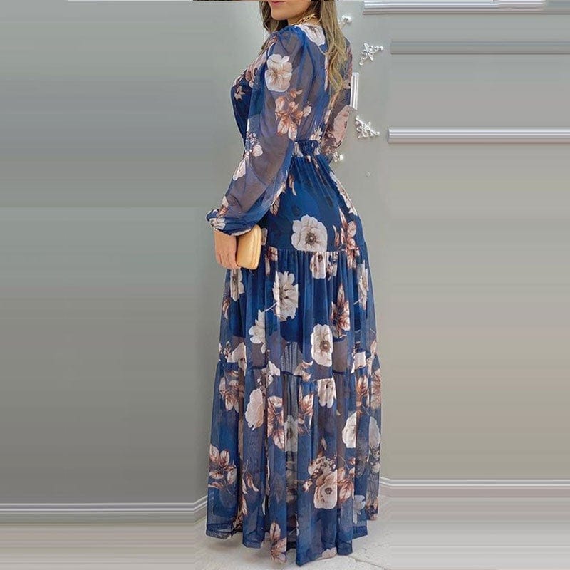 Cap Point Floral Print sexy V-Neck Chiffon Maxi Dress