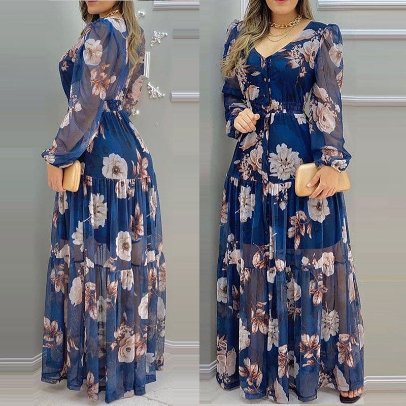 Cap Point Floral Print sexy V-Neck Chiffon Maxi Dress