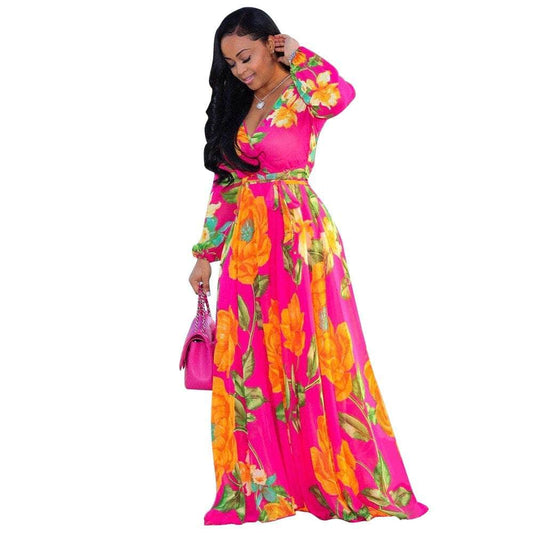 Cap Point Fuchsia / S Benita Summer V-Neck Print Sashes Long Maxi Dress