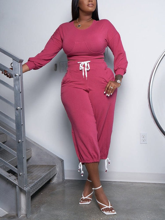 Cap Point Fuchsia / S Bianca Two Piece Casual Tracksuit Long Sleeve Crop Top Drawstring Pants Set