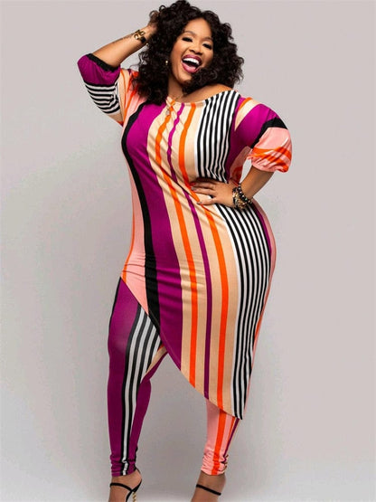 Cap Point Fuchsia / XL Charlotte Plus Size Two Piece Striped Top Irregular Hem Leggings Matching Set