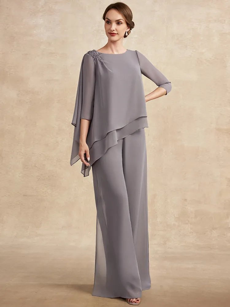 Cap Point GRAY / 12 / CHINA Judiyana Two Piece Beaded Soft Chiffon Wedding Pant Suit Outfit Sets