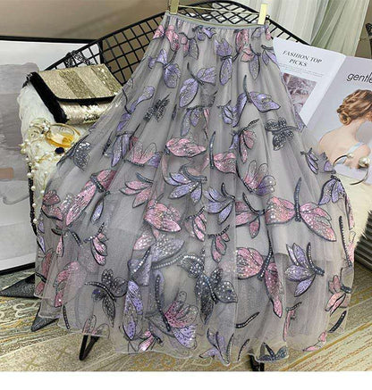 Cap Point Gray / One Size Perline Flowers Embroidery Tulle High Waist Midi Pleated Maxi Skirt