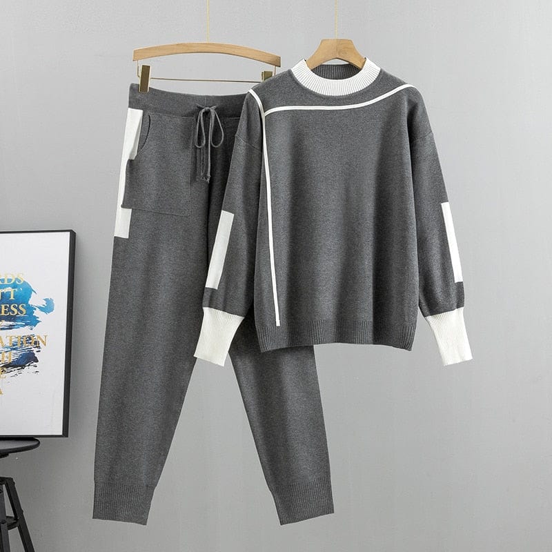 Cap Point Gray / S Phinea 2 Piece Knitted Long Sleeve Pullover Sweater Jumper Top and Pants Set