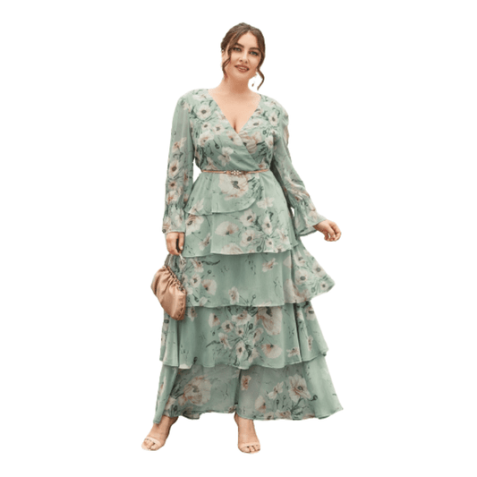 Cap Point Green / L Meredith Floral Print V-Neck Long Sleeve Loose Maxi Dress