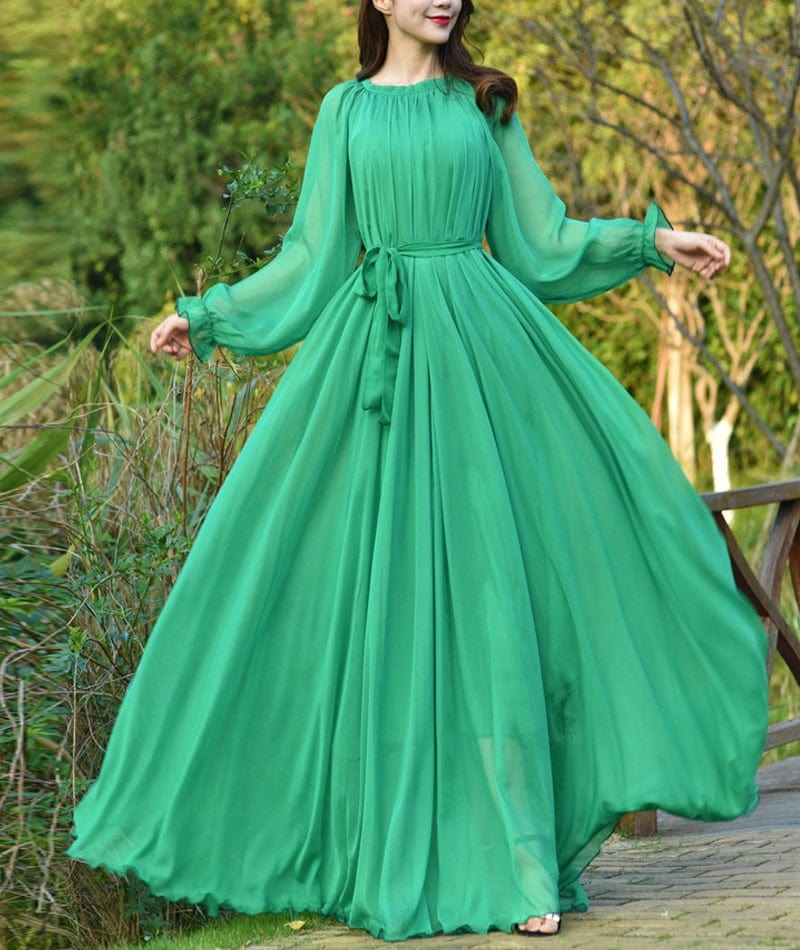 Cap Point green / M Olivia Elegant Flowy Chiffon High Quality Loose Belt Maxi Dress