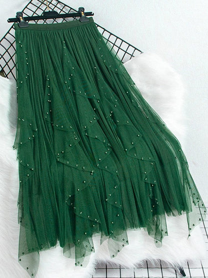 Cap Point Green / One Size Emine High waisted ruffled pleated tulle maxi skirt