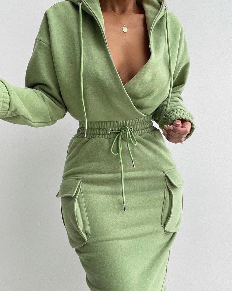 Cap Point Green / S Linton Pocket Design Drawstring Waist Hooded Sweatshirt Dress
