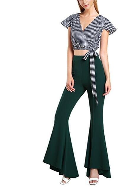 Cap Point Green / S Phinea Bell Bottom Wide Leg Flare Stretch High Waist irregular Palazzo Pants