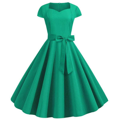 Cap Point green / S Urielle Short Sleeve Square Collar Elegant Office Party Midi Dress with Belt