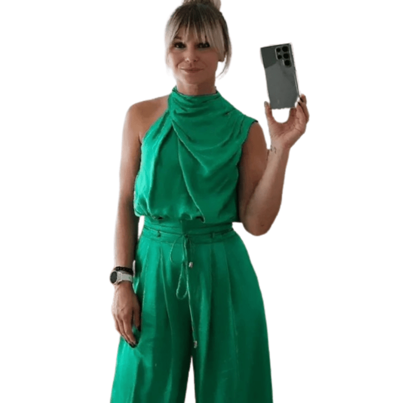 Cap Point Green / XS Eliza Two Piece Silk Pleated Texture Sleeveless Top Wide Leg Pants Set