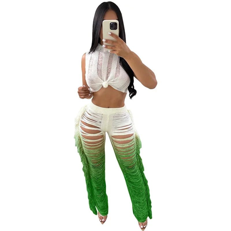 Cap Point Green / XXL Aimee Crochet Crop Top and Wide Leg Pants Tassel Hollow Out Hole Two Piece Set