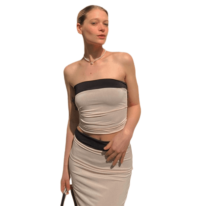 Cap Point Khaki Black / S Malia Beach Strapless Two Piece Crop Top Bodycon Skirt Set
