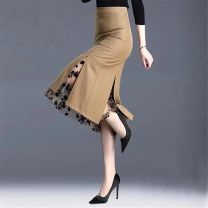 Cap Point Khaki / M Charmaine Irregular Mesh Band Splice High Waist Skirt