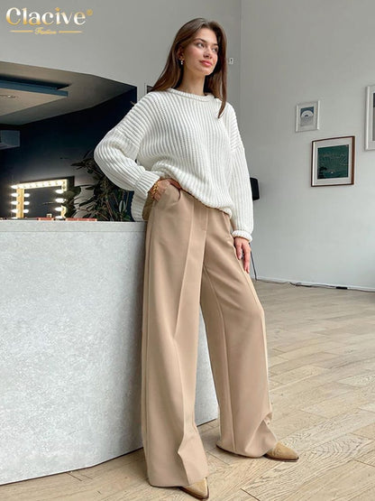 Cap Point Khaki / S Fashion Wide Leg High Waisted Casual Pants