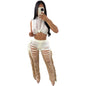 Cap Point Khaki / XL Aimee Crochet Crop Top and Wide Leg Pants Tassel Hollow Out Hole Two Piece Set